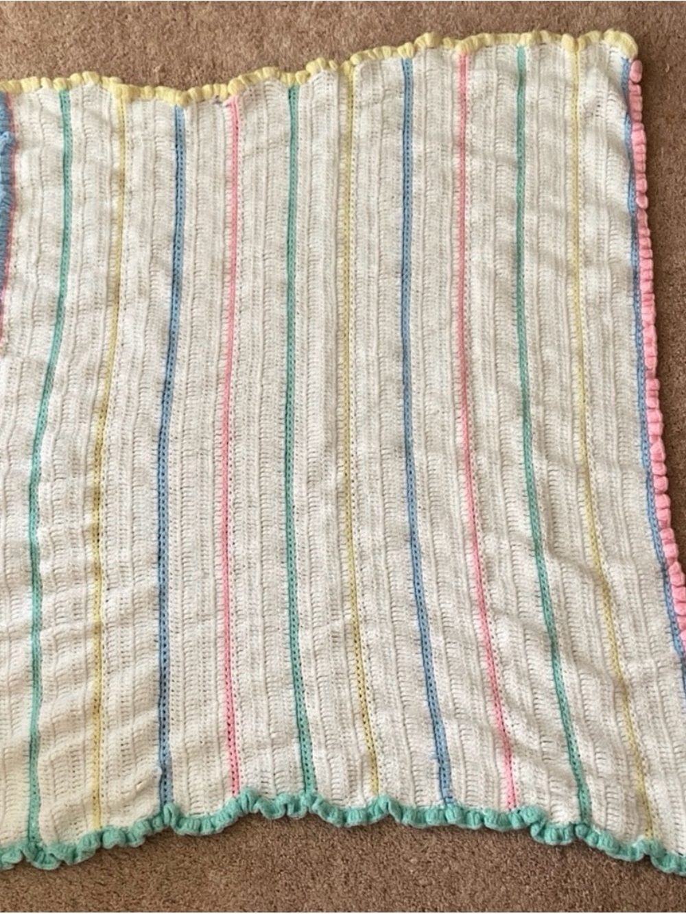 Handmade White w/Blue Green Pink Yellow Striped Knit Blanket With Ruffled Edge